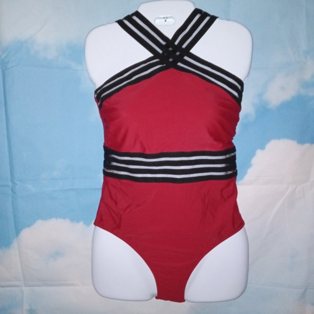 Tempt Me Red & Black Monokini with Cross Shoulder Straps & Sheer cut-outs S NEW